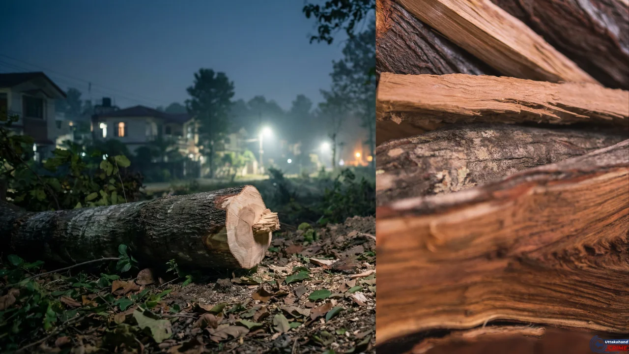 हल्द्वानी में चंदन की लकड़ी चोरी से जुड़ा प्रतीकात्मक दृश्य, कटा हुआ पेड़ और रात का वातावरण