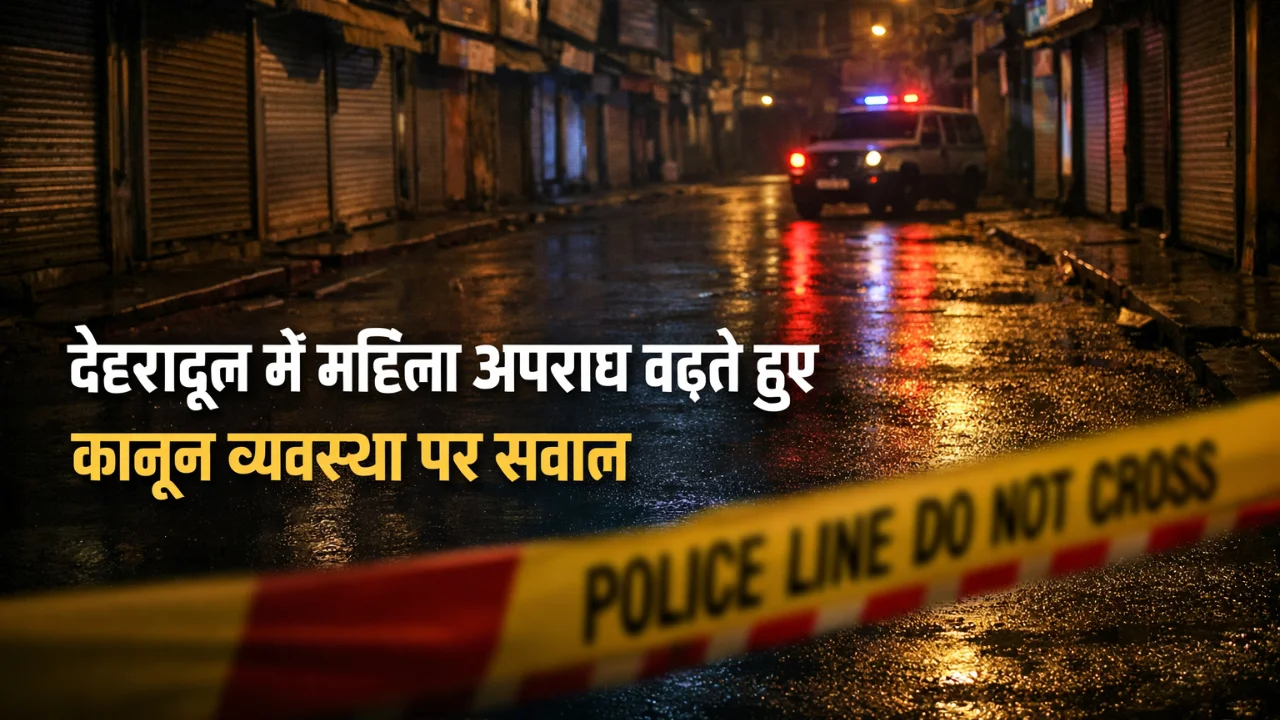 देहरादून में महिला अपराध बढ़ने की घटना को दर्शाती रात की खाली सड़क, पुलिस वाहन और बैरिकेड, उत्तराखंड में कानून व्यवस्था पर सवाल
